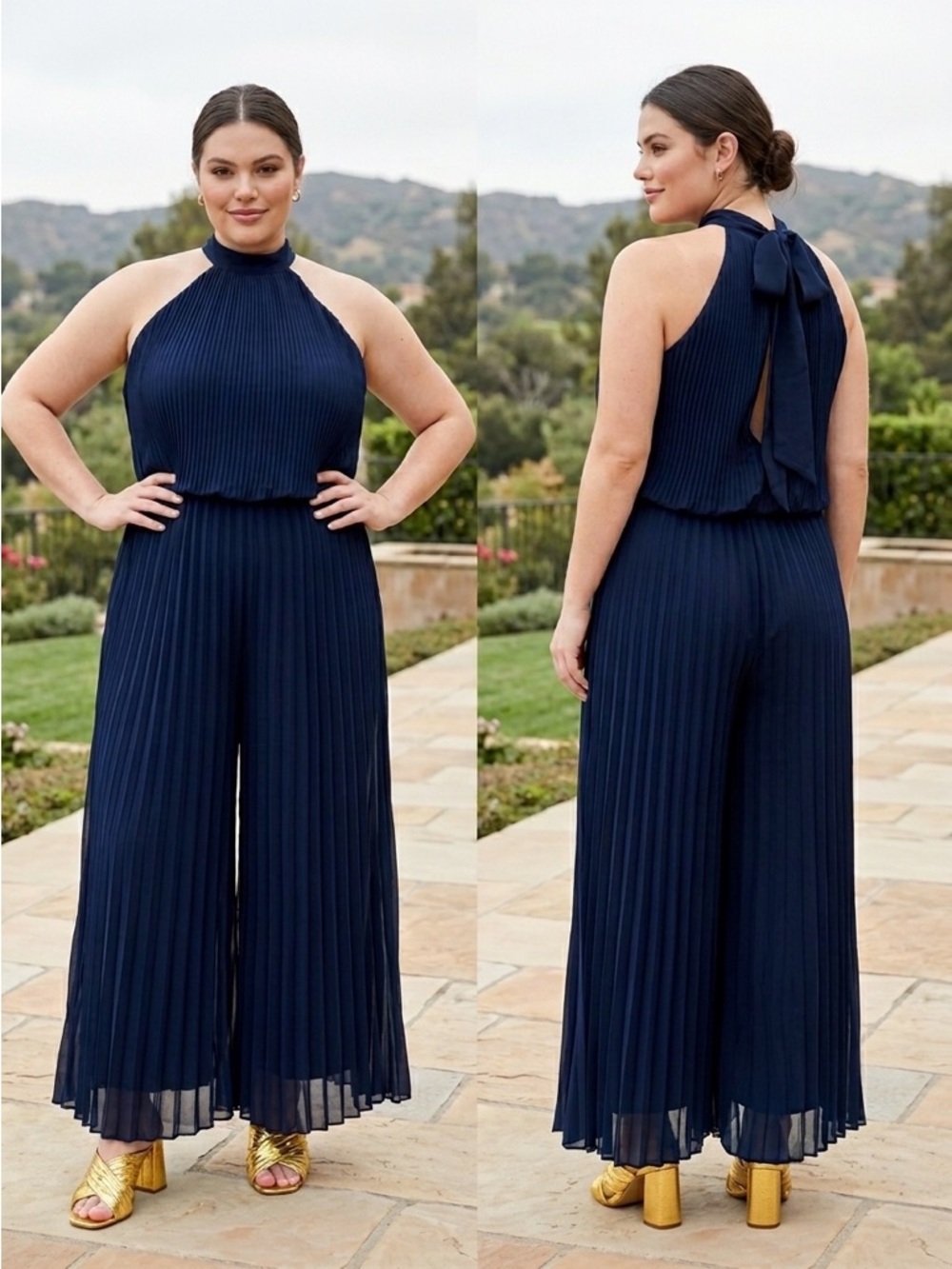 MEGHAN LA Wild Orchid Pleated Wide Leg Halter Pleated Jumpsuit Navy Blue Small